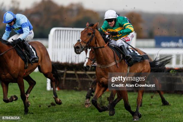 Barry Geraghty riding Mr One More clear the last to win The David Brownlow Charitable Foundation 'Introductory' Hurdle Race at Ascot racecourse on...