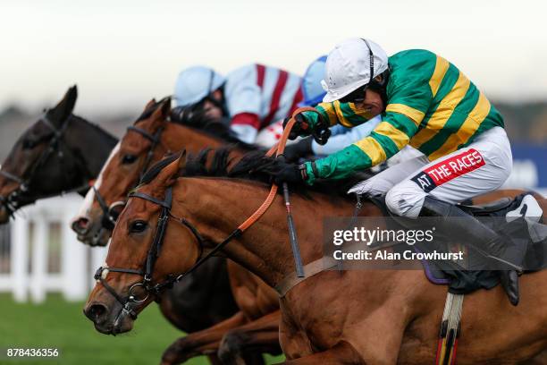 Barry Geraghty riding Mr One More clear the last to win The David Brownlow Charitable Foundation 'Introductory' Hurdle Race at Ascot racecourse on...