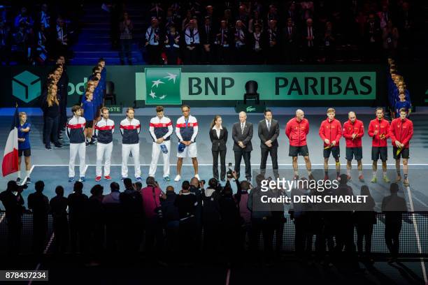 France's team Pierre-Hugues Herbert, Richard Gasquet, Lucas Pouille, Jo-Wilfried Tsonga and France's captain Yannick Noah and Belgium's team captain...