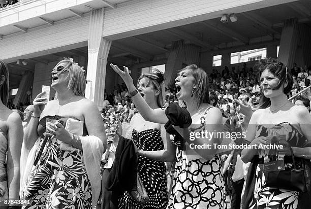 Winners and losers in the crowd during a race at Epsom, June 2007. Epson Downs Racecourse is where the iconic Derby Festival dating back to 1780 is...