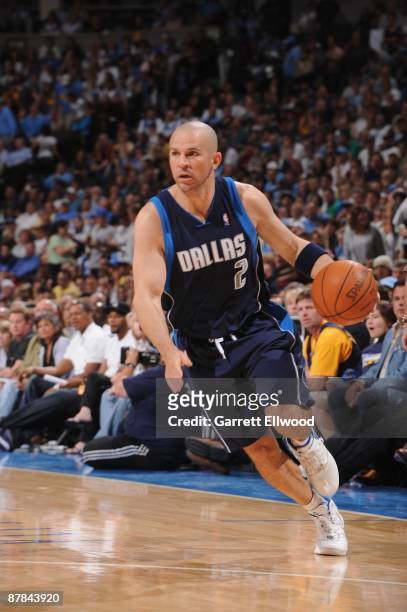 Jason Kidd of the Dallas Mavericks moves the ball against the Denver Nuggets in Game Five of the Western Conference Semifinals during the 2009 NBA...