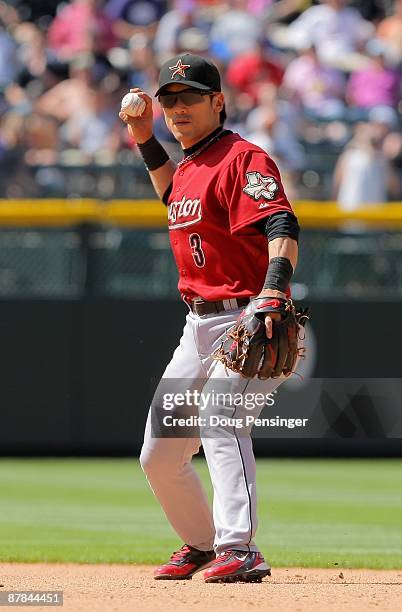Second baseman Kazou Matsui of the Houston Astros plays defense against the Colorado Rockies during MLB action at Coors Field on May 14, 2009 in...