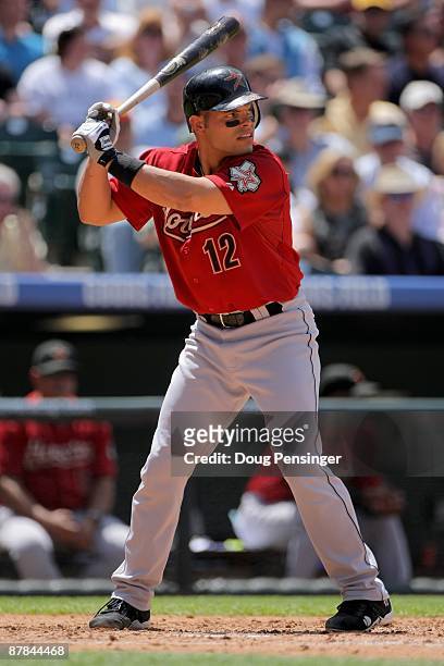 Catcher Ivan Rodriguez of the Houston Astros takes an at bat against the Colorado Rockies during MLB action at Coors Field on May 14, 2009 in Denver,...