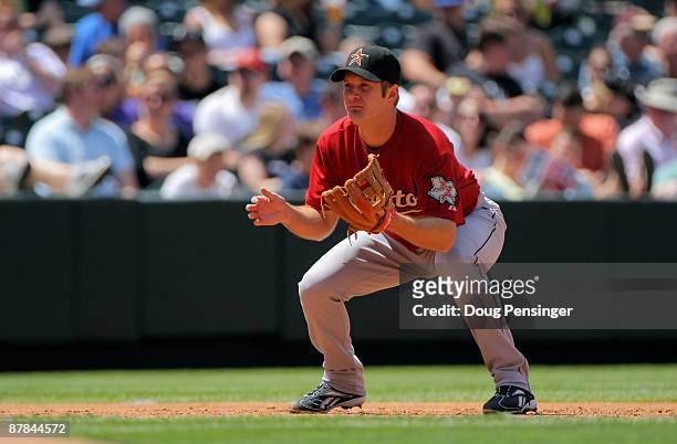 Third baseman Jeff Keppinger of the Houston Astros plays defense against the Colorado Rockies during MLB action at Coors Field on May 14, 2009 in...