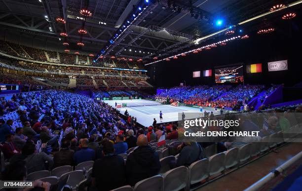 General view as Belgium's David Goffin and France's Lucas Pouille switch sides during the Davis Cup World Group singles rubber final tennis match...