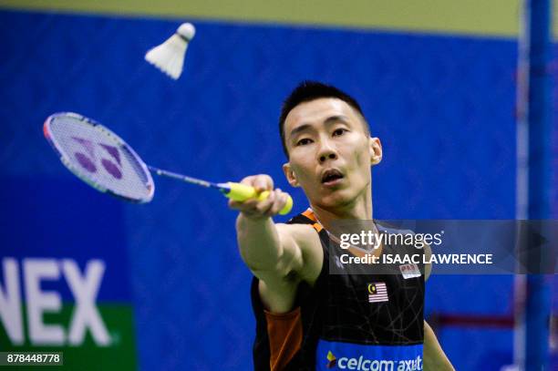 Maylasia's Lee Chong Wei hits a shot against Korea's Son Wan Ho during their quarterfinal men's singles match at the Hong Kong Open badminton...