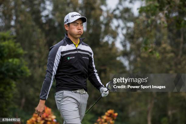 Daniel Im of the United States reacts during round two of the UBS Hong Kong Open at The Hong Kong Golf Club on November 24, 2017 in Hong Kong, Hong...
