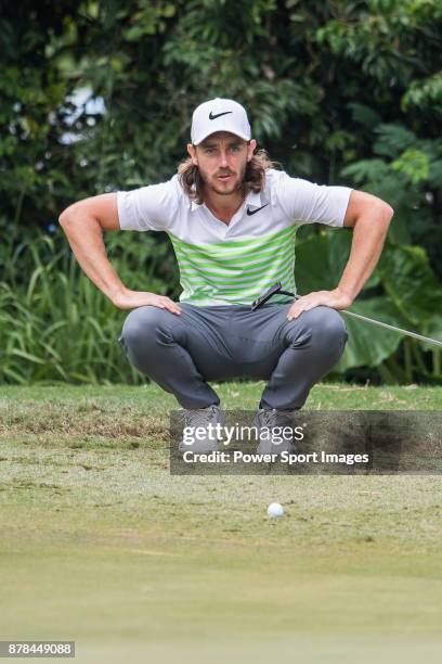 Tommy Fleetwood of England lines up a putt during round two of the UBS Hong Kong Open at The Hong Kong Golf Club on November 24, 2017 in Hong Kong,...