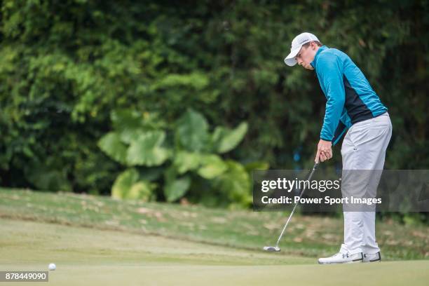 Matthew Fitzpatrick of England plays a shot during round two of the UBS Hong Kong Open at The Hong Kong Golf Club on November 24, 2017 in Hong Kong,...