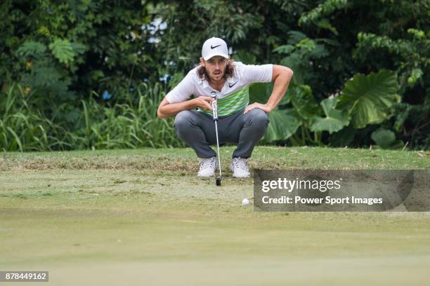 Tommy Fleetwood of England lines up a putt during round two of the UBS Hong Kong Open at The Hong Kong Golf Club on November 24, 2017 in Hong Kong,...