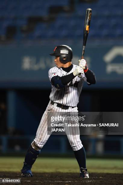 Daiki Ryoi of Japan bats against Matsuyama City IX during the U-15 Asia Challenge Match between Japan and Matsuyama City IX at Bocchan Stadium on...