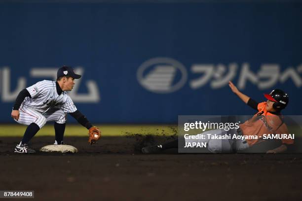 Ryusei Hara of Matsuyama City IX is tagged out by Ichita Nagumo of Japan at second base in the sixth inning during the U-15 Asia Challenge Match...