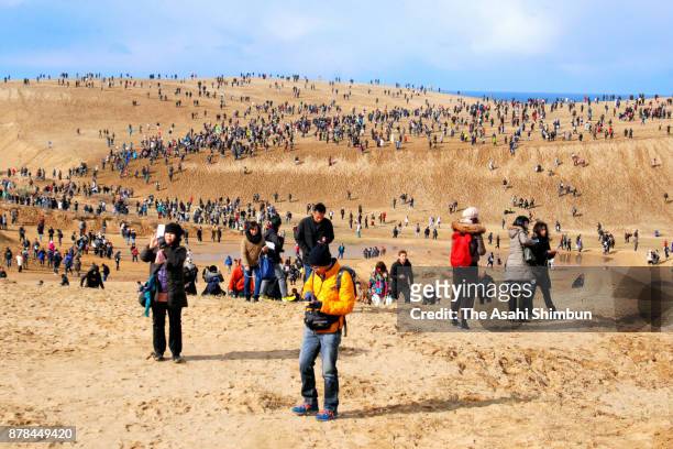 People enjoy Pokemon Go during the Pokemon GO Safari Zone at Tottori Sand Dune on November 24, 2017 in Tottori, Japan. For the first day of three-day...