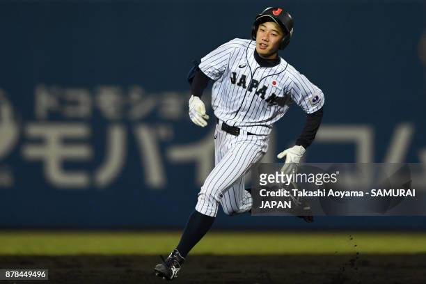 Itto Morokuma of Japan hits an RBI triple in the fifth inning against Matsuyama City IX during the U-15 Asia Challenge Match between Japan and...