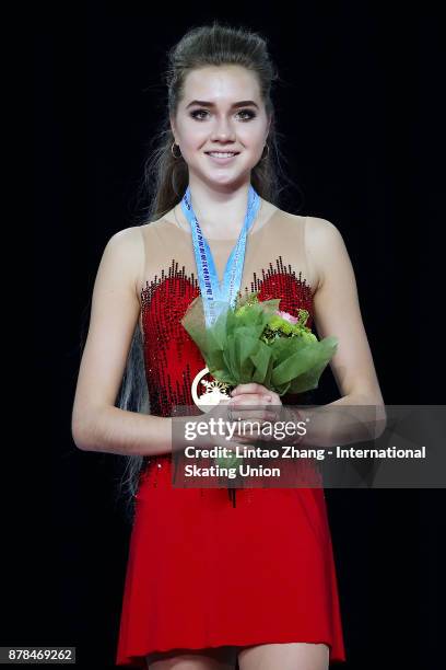 First place winner Elena Radionova of Russia pose on the podium after the Ladies Free skating duirng the 2017 Shanghai Trophy at the Oriental Sports...