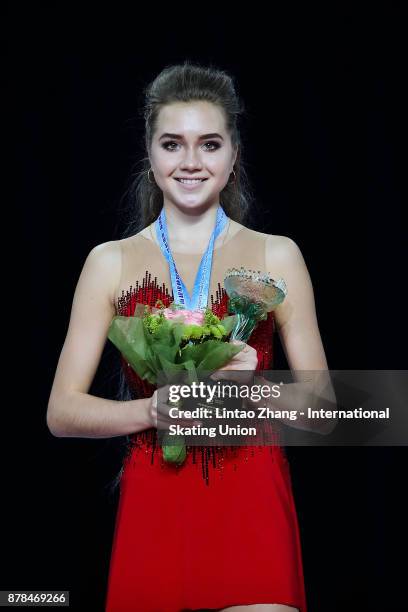 First place winner Elena Radionova of Russia pose on the podium after the Ladies Free skating duirng the 2017 Shanghai Trophy at the Oriental Sports...