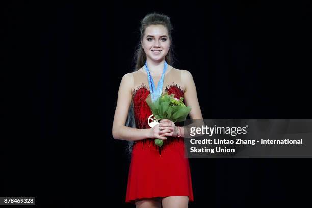 First place winner Elena Radionova of Russia pose on the podium after the Ladies Free skating duirng the 2017 Shanghai Trophy at the Oriental Sports...