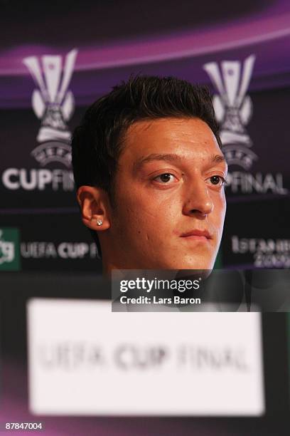 Mesut Oezil of Werder Bremen listens to questions from the media during the Werder Bremen press conference at the Sukru Saracoglu Stadium on May 19,...