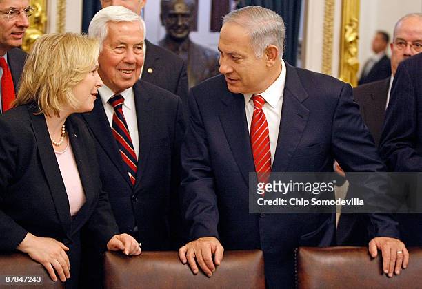 Israeli Prime Minister Benjamin Netanyahu talks with Sen. Kristen Gillibrand and Senate Foreign Relations Committee ranking member Sen. Richard Lugar...