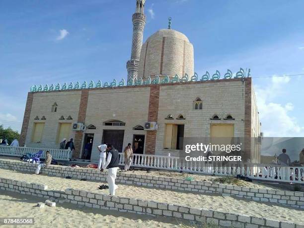 View of the Rawda mosque, roughly 40 kilometres west of the North Sinai capital of El-Arish, after a gun and bombing attack, on November 24, 2017. A...