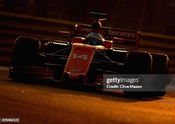 Fernando Alonso of Spain driving the McLaren Honda Formula 1 Team McLaren MCL32 on track during practice for the Abu Dhabi Formula One Grand Prix at...