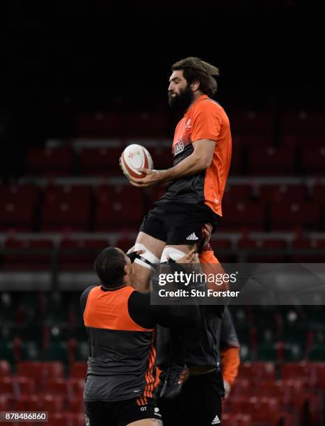 New Zealand All Blacks captain Samuel Whitelock in action during training ahead of their International against Wales at Principality Stadium on...