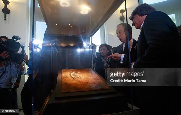 Lead paleontologist Dr. Jorn Horum of the University of Oslo and New York Mayor Michael Bloomberg view the 47 million year old fossilized remains of...