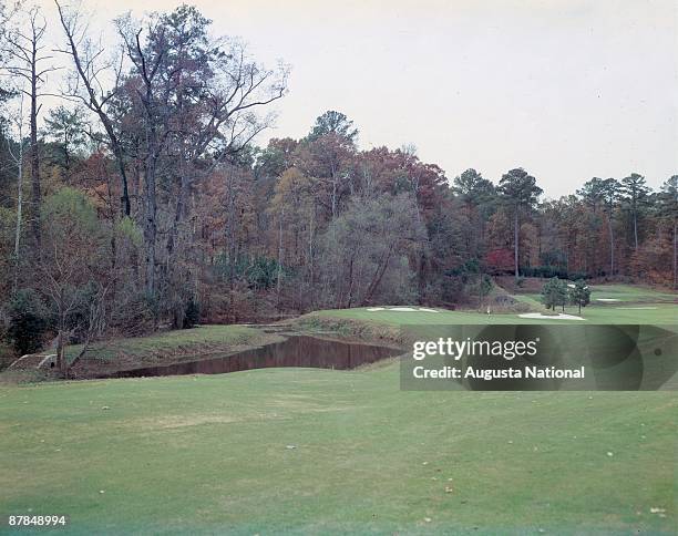 General view of the 11th green and the 12th hole at Augusta National Golf Club in December 1957 in Augusta, Georgia.