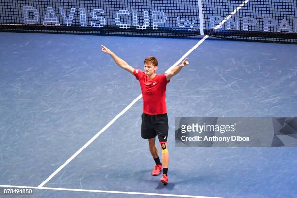 David Goffin of Belgium celebrates his victory during the day 1 of the Final of the Davis Cup match between France and Belgium at Stade Pierre Mauroy...