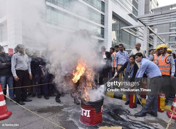 Gurugram fire brigade conducts a mock drill at Park Central building, on November 24, 2017 in Gurugram, India.