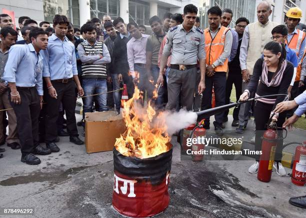 Gurugram fire brigade conducts a mock drill at Park Central building, on November 24, 2017 in Gurugram, India.
