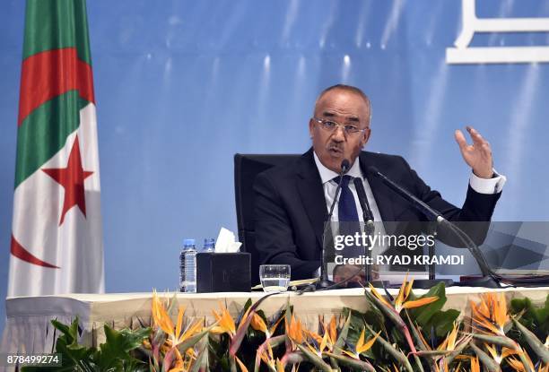 Algerian Interior Minister Noureddine Bedoui announces the results of local elections in the capital Algiers, on November 24, 2017. Algerians voted a...