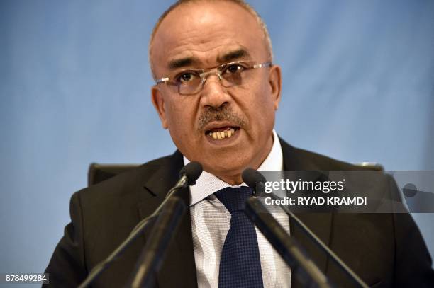 Algerian Interior Minister Noureddine Bedoui announces the results of local elections in the capital Algiers, on November 24, 2017. Algerians voted a...