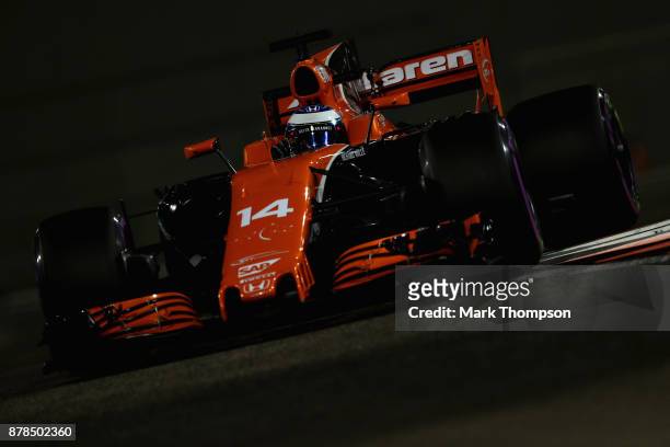 Fernando Alonso of Spain driving the McLaren Honda Formula 1 Team McLaren MCL32 on track during practice for the Abu Dhabi Formula One Grand Prix at...