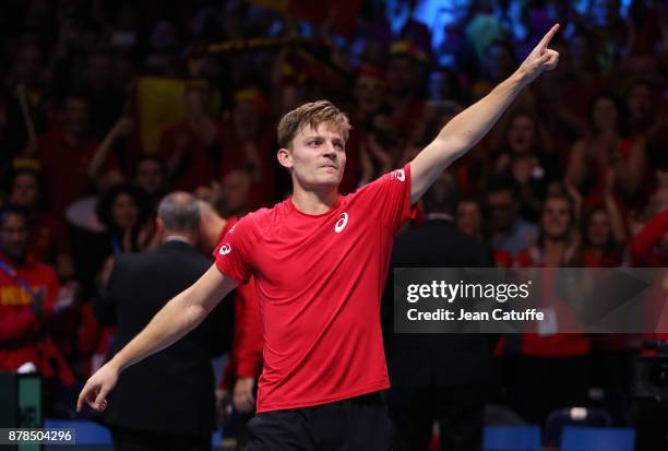 David Goffin of Belgium celebrates winning his first match against Lucas Pouille of France during day 1 of the Davis Cup World Group Final between...