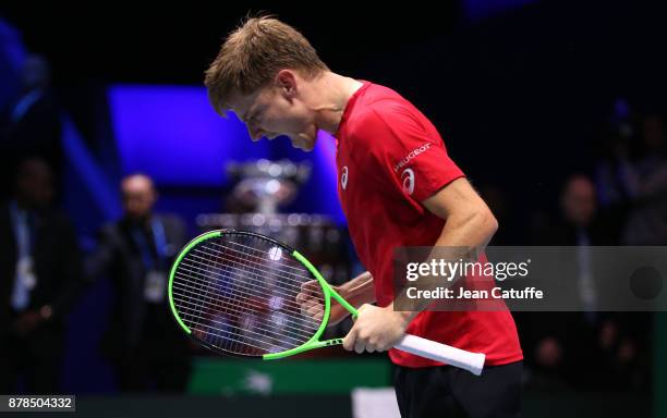 David Goffin of Belgium celebrates winning his first match against Lucas Pouille of France during day 1 of the Davis Cup World Group Final between...