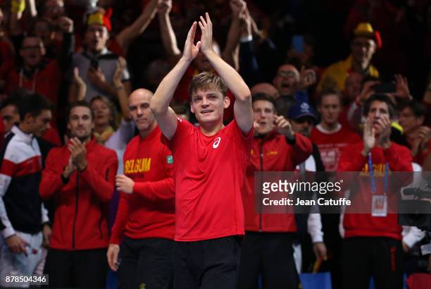 David Goffin of Belgium celebrates winning his first match against Lucas Pouille of France during day 1 of the Davis Cup World Group Final between...