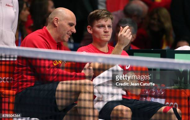David Goffin of Belgium and his captain Johan Van Herck during day 1 of the Davis Cup World Group Final between France and Belgium at Stade Pierre...