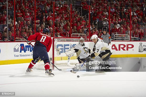 Pittsburgh Penguins goalie Marc-Andre Fleury and Mark Eaton in action vs Washington Capitals Alex Ovechkin . Game 7. Washington, DC 5/13/2009 CREDIT:...