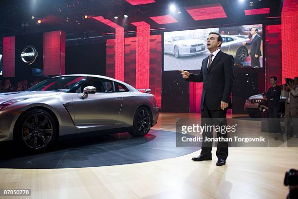 Carlos Ghosn, CEO of Nissan and Renault at the Los Angeles auto show presenting the GT-R Nissan car for the first time in the US November 14, 2007 in...