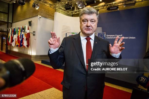 Ukrainian President Petro Poroshenko addresses the media at the end of the EU Eastern Partnership Summit in Brussels on November 24 2017. The EU...