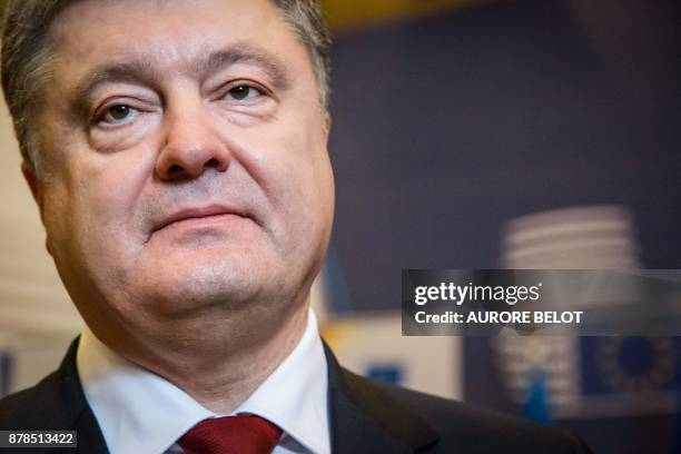 Ukrainian President Petro Poroshenko addresses the media at the end of the EU Eastern Partnership Summit in Brussels on November 24 2017. The EU...