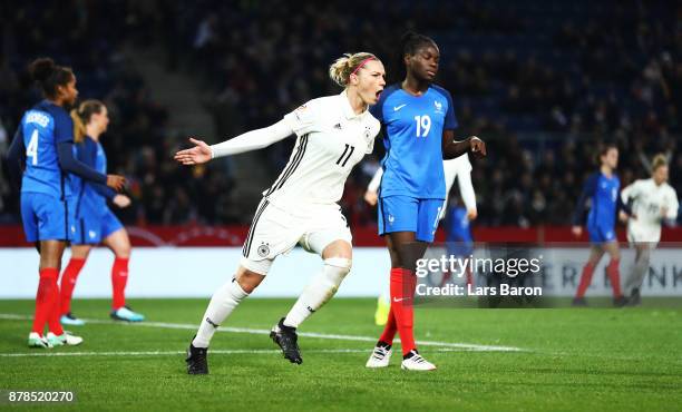 Alexandra Popp of Germany celebrates after scoring the first goal during the Germany v France Women's International Friendly match at Schueco Arena...