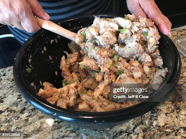 homemade bowl of stuffing 4 - texas bowl fotografías e imágenes de stock