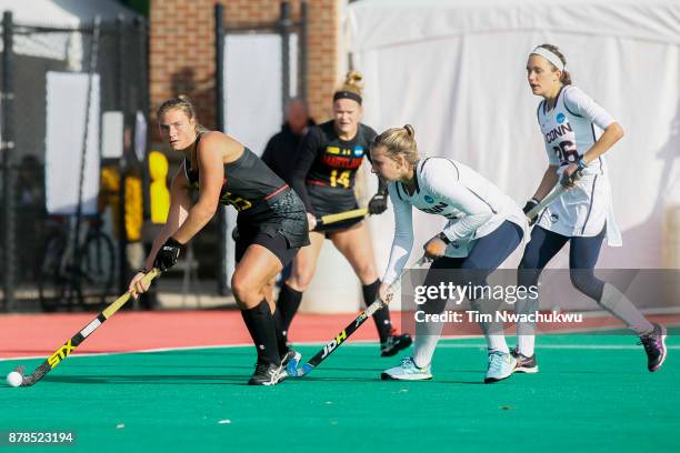 Bodil Keus of the University of Maryland look for an open teammate during the Division I Women's Field Hockey Championship held at Trager Stadium on...