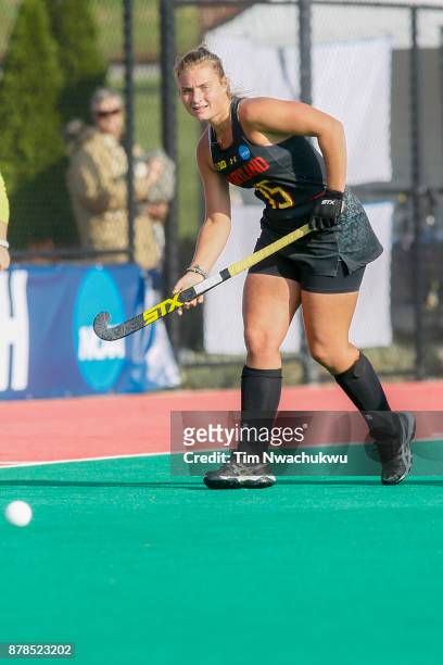 Bodil Keus of the University of Maryland look for an open teammate during the Division I Women's Field Hockey Championship held at Trager Stadium on...