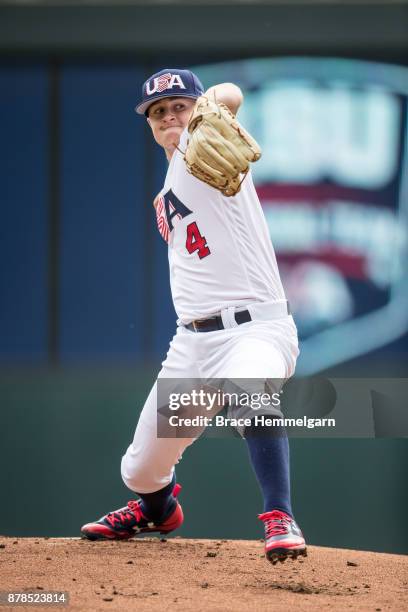 Landon Marceuax of the USA Baseball 18U National Team pitches against Iowa Western CC on August 27, 2017 at Target Field in Minneapolis, Minnesota.