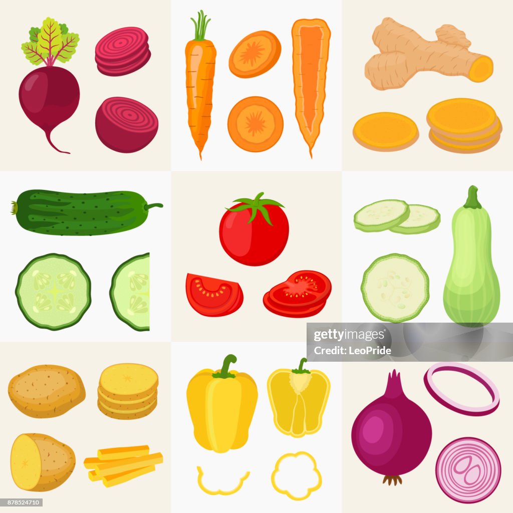 Vegetables Set Cucumber Tomato Potato Carrot Turmeric Pepper Zucchini Onion Beetroot  Cartoon Flat Style Vector High-Res Vector Graphic - Getty Images