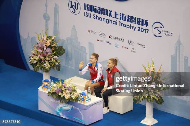 First place winner Elena Radionova of Russia reacts after performs the Ladies Free skating duirng the 2017 Shanghai Trophy at the Oriental Sports...