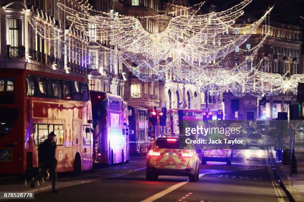 Police set up a cordon on Regent Street and Oxford Circus underground station on November 24, 2017 in London, England. Police are responding to...